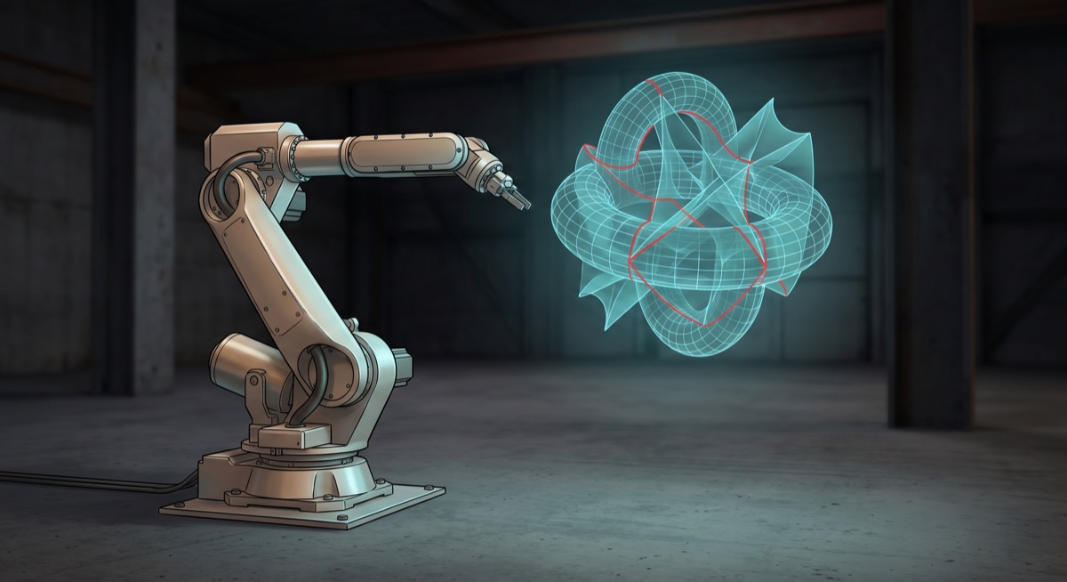 A robotic arm studying the projection of its own configuration space. There is no face on the arm. The sense of recognition is clear regardless.