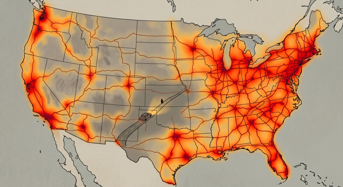 A stylized heat map of America—orange and red saturating the cities and suburbs, fading to gray in the rural interior. In the gray zone: a single car on an empty two-lane road, no cameras visible, the driver unaware of where the coverage ends