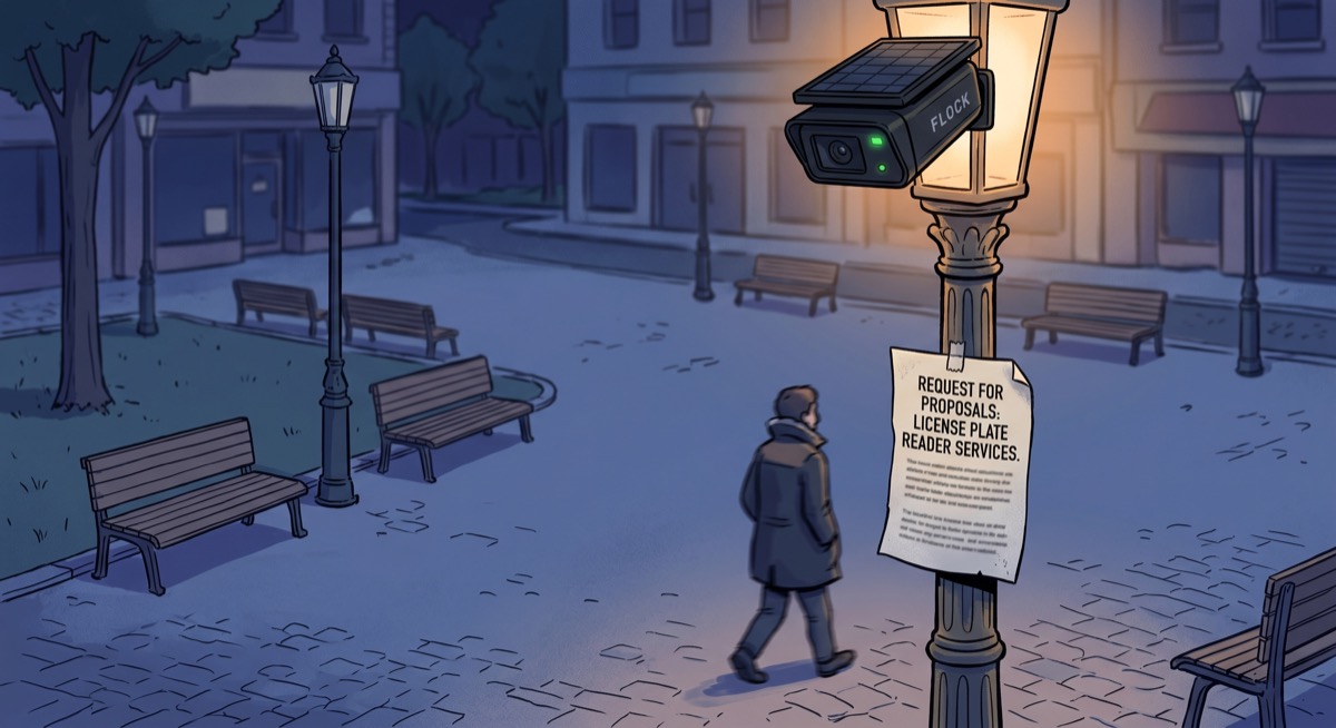 A dimly lit public square at night—a surveillance camera mounted on a decorative lamppost, its green indicator light visible, a SAM.gov procurement notice posted to the lamppost beneath it like a public notice, legible but unread