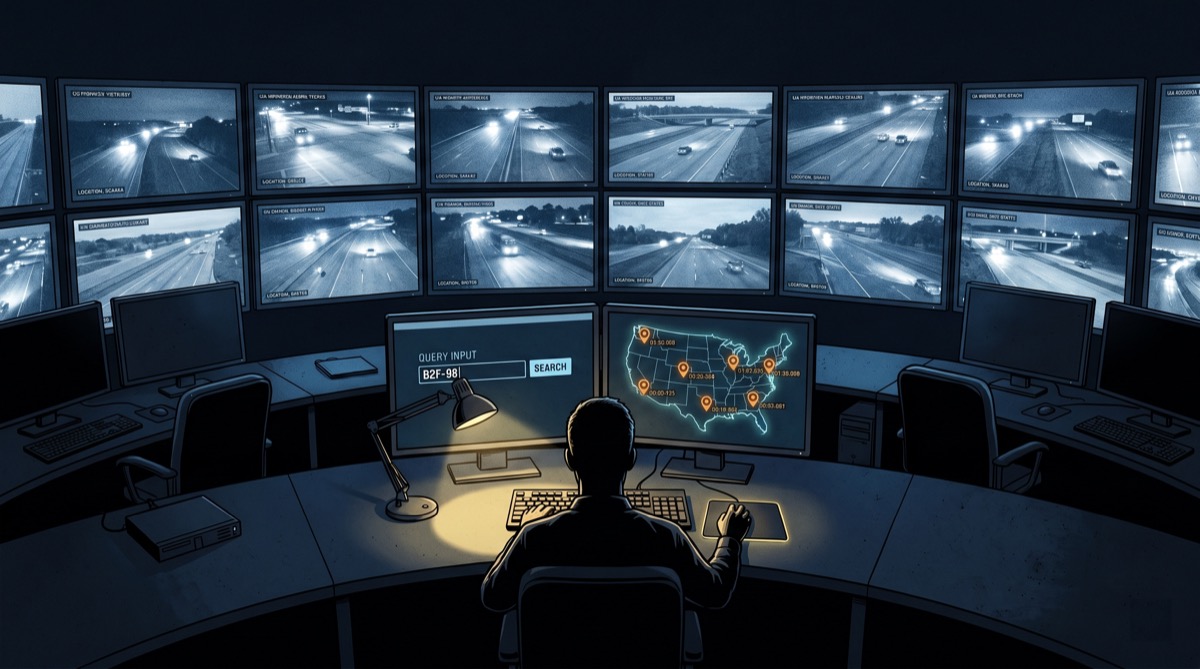 A vast command-center wall of monitors showing road camera feeds from across America—a single FBI analyst at the terminal, their near-real-time search query glowing on the screen, a half-dozen license plates highlighted in orange across six states