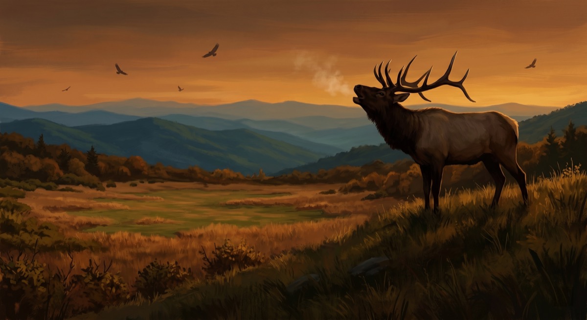 A bull elk on a ridgeline at dusk, bugling into an open Appalachian valley. The meadow below is newly cleared where it hadn't been for a century. The sound is going somewhere it hasn't been since 1775.