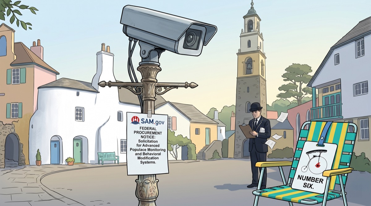 Number Six's identification badge pinned to a Village lawn chair; a surveillance camera on a decorative lamppost above; a SAM.gov procurement notice posted to the lamppost beneath it, legible but unread; in the background, an agent identifying as Number 2 holds a contract with a five-year term