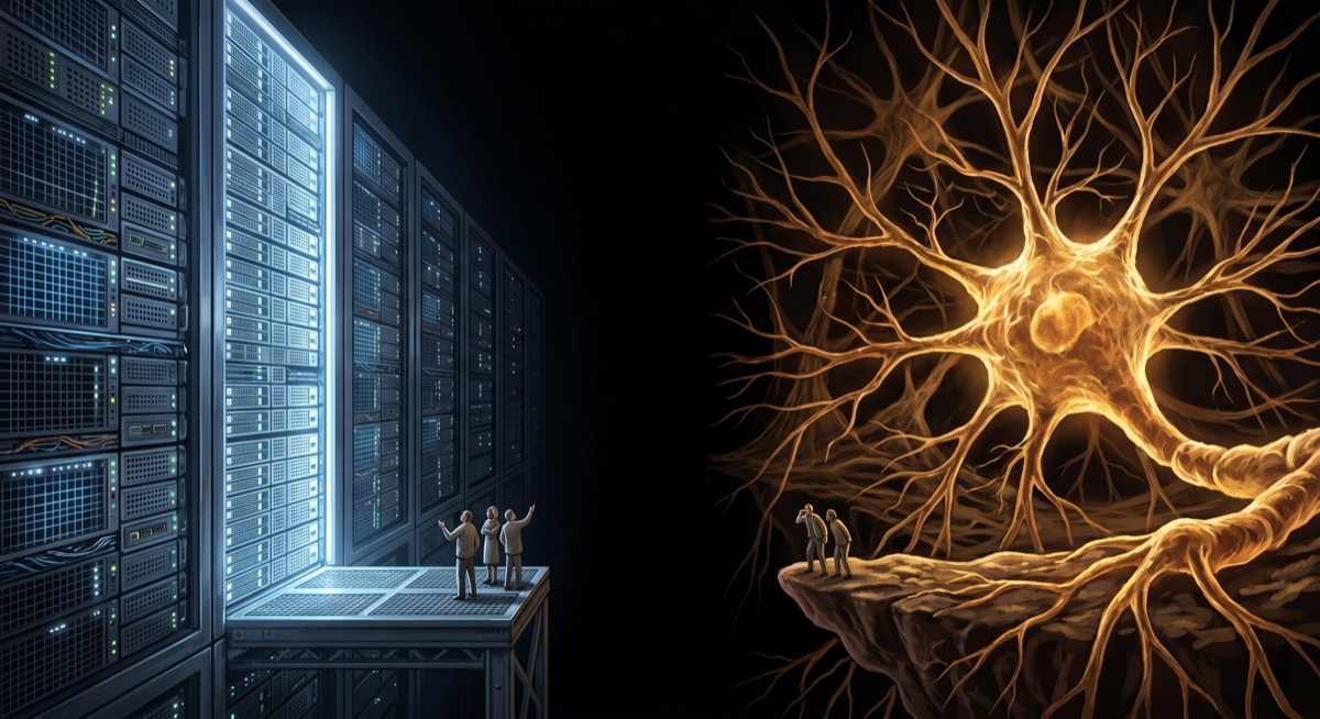 The gap between two things: an illuminated server rack on one side, a biological neural network glowing amber on the other, separated by a vast dark space. Small figures stand at the edge of each side, looking across at the other