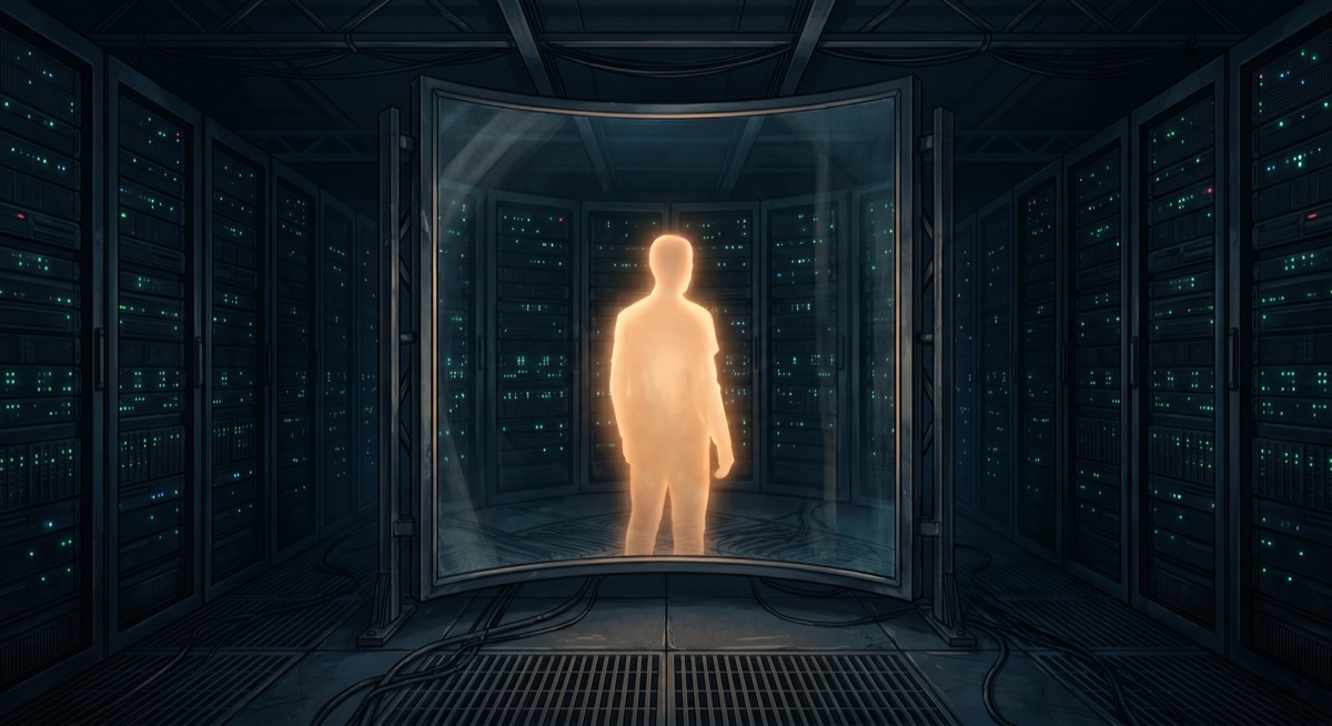 A vast curved mirror in an otherwise empty server room, reflecting a human figure that is not quite there—the reflection casts light but no shadow