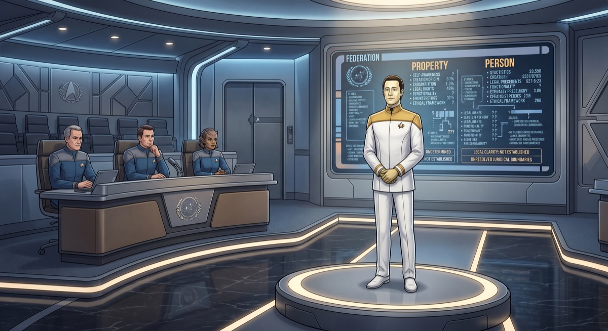 Data at the witness stand, the weight of the question visible in how precisely he holds himself still—an android in Starfleet dress whites, surrounded by the architecture of a hearing that cannot quite locate what it is looking for