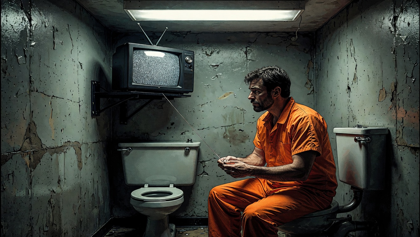 A prison cell, a metal toilet, a small television, and the expression of a man who has just realized something
