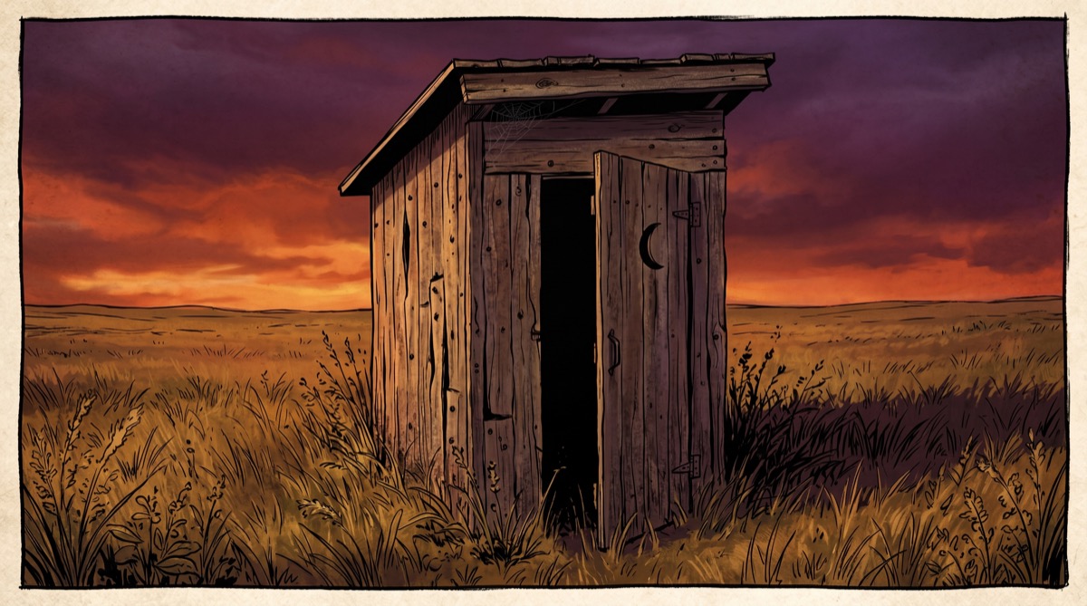A lone outhouse against a sunset sky, door slightly ajar, quiet and unhurried and absolutely not something you should approach without checking under the seat