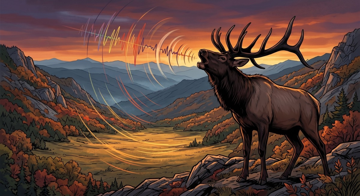 A bull elk on a ridgeline above an open valley at dusk, bugling into an autumn sky—the sound returning to a slope that waited 226 years to hear it