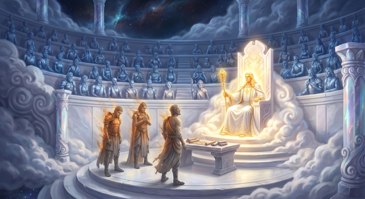 The council chamber, mid-session: other gods arranged in tiers around a central dais, the accused receiving their sentence, their light already dimming at the edges