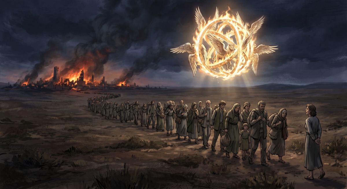 The Babylonian exile: a long procession of figures moving through a scorched landscape, the ruined city behind them visible on the horizon, one figure looking back; in the sky above, something like a chariot made of light and geometry is following
