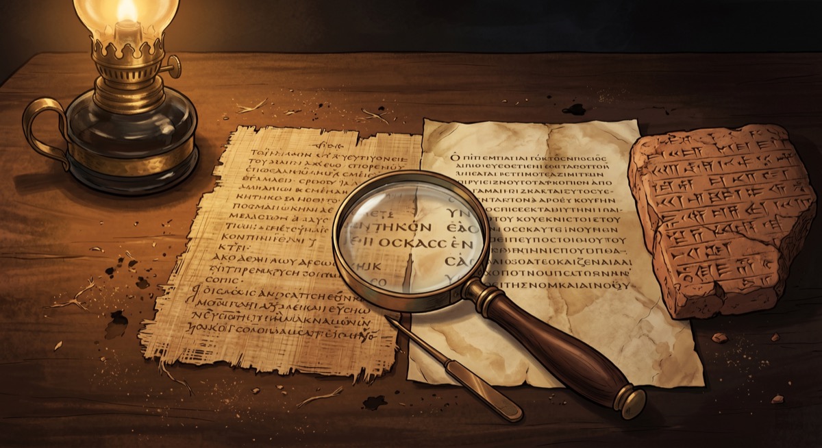 A scholar's table covered with parallel manuscript fragments, each showing a different reading of the same verse, the divergence visible even to a reader who knows no Hebrew
