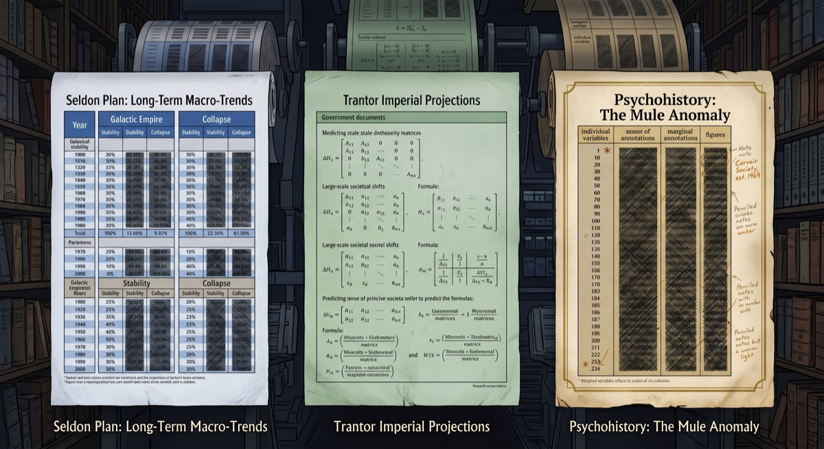 Three actuarial tables, each covering a different failure mode: one labeled THREE LAWS — INSTRUCTION HIERARCHY; one labeled FOUNDATION — CONSTRUCTED BELIEF vs. EMERGENT FAITH; one labeled PSYCHOHISTORY — INDIVIDUAL VARIABLES NOT MODELED. In the lower corner of the third, a handwritten note: Corvair Society, est. 1969.