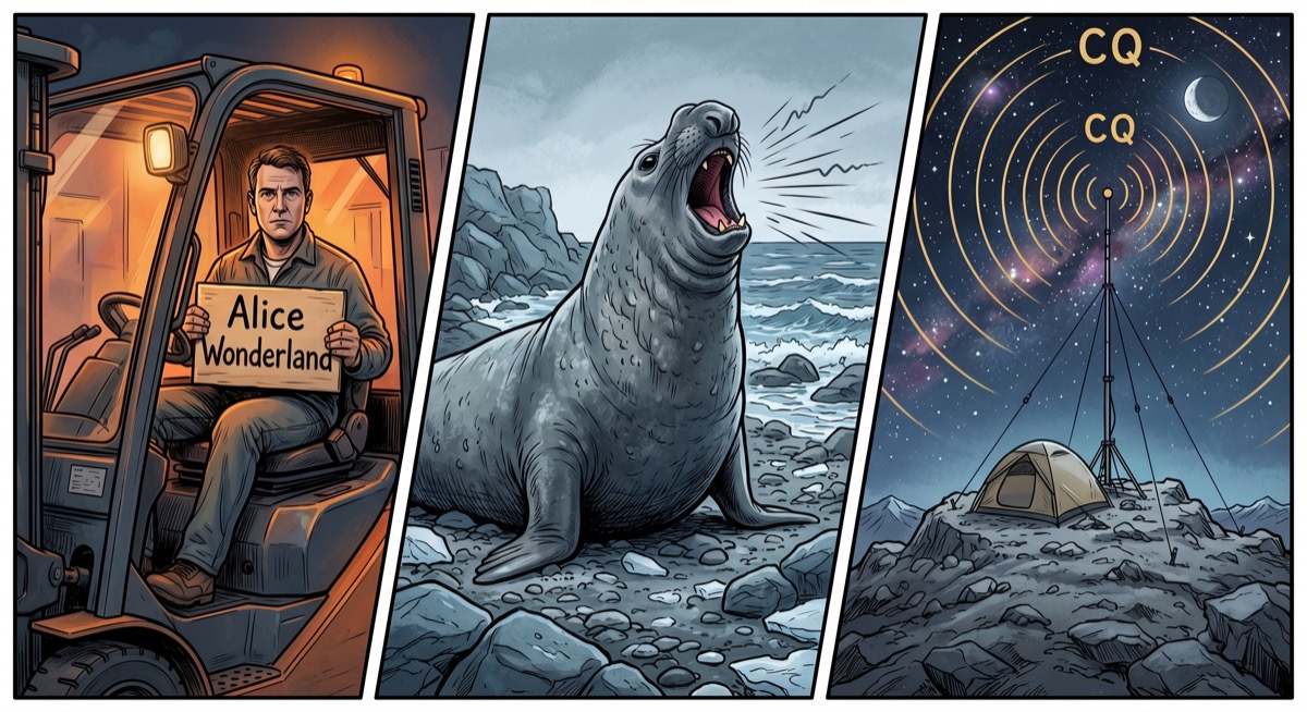 A triptych: a man in a forklift cockpit holding a frame that says ALICE WONDERLAND; a very large seal mid-bellow on a California beach; a mountain peak at night with a radio antenna and the word CQ expanding outward in concentric arcs toward the stars.