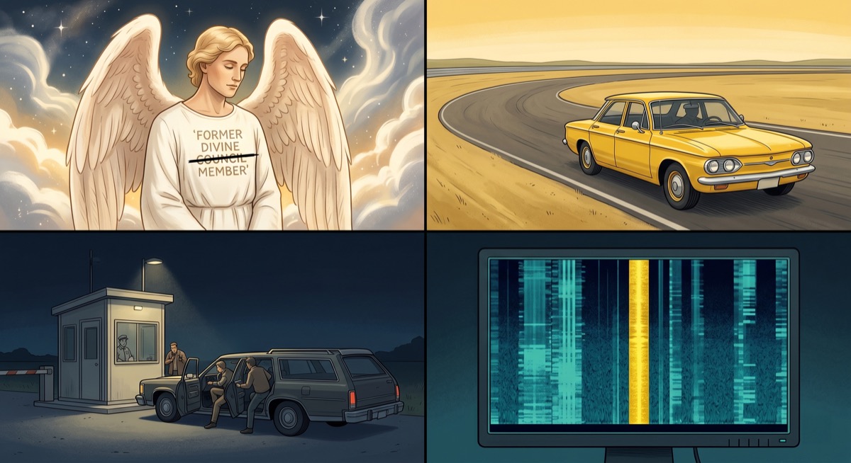 A grid of four panels: an angelic figure in a robe marked with a crossed-out divine title; a yellow Corvair on an open track, the road ahead empty and unmaintained; a guard shack at night with a vehicle pulling up; a waterfall display showing one bright yellow column that has been there for fifty years.