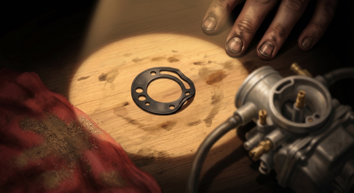 A shrunken carburetor gasket in a shaft of workshop light, already responsible for eight hundred miles of desert, five seconds at Thunder Hill, and one Porsche on Bring a Trailer