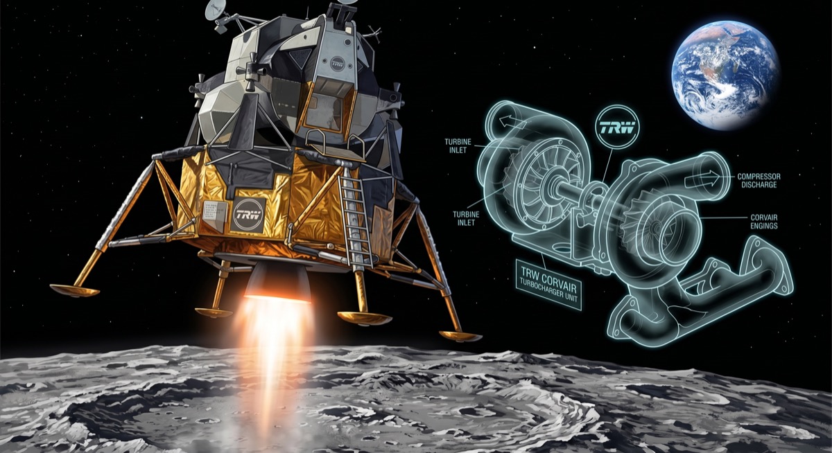 A descent engine firing over grey lunar regolith, and somewhere in its genealogy, a 13.5-pound turbine from a car no one remembers