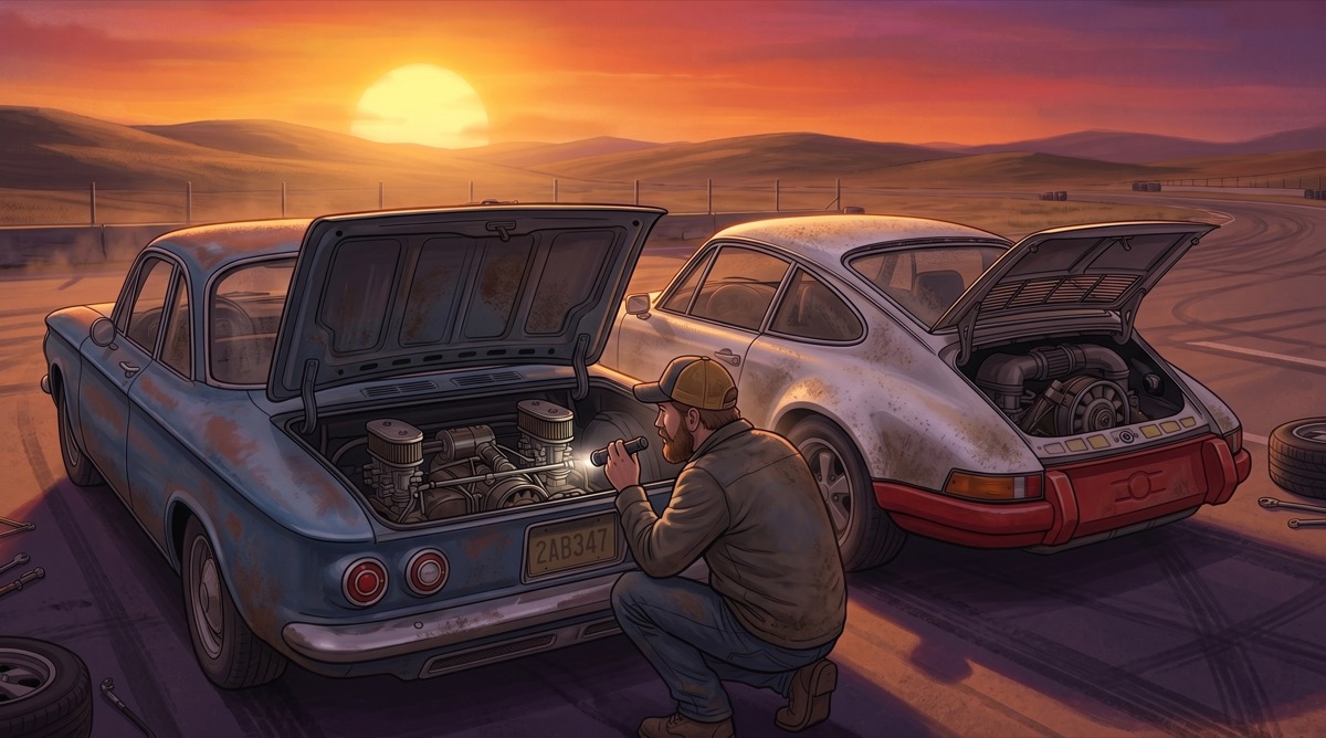 Matt's Corvair and John's 911 in the paddock at day's end, parked side by side, both of them dusty—the same layout, sixty years of different choices between them, and a rematch apparently already in progress