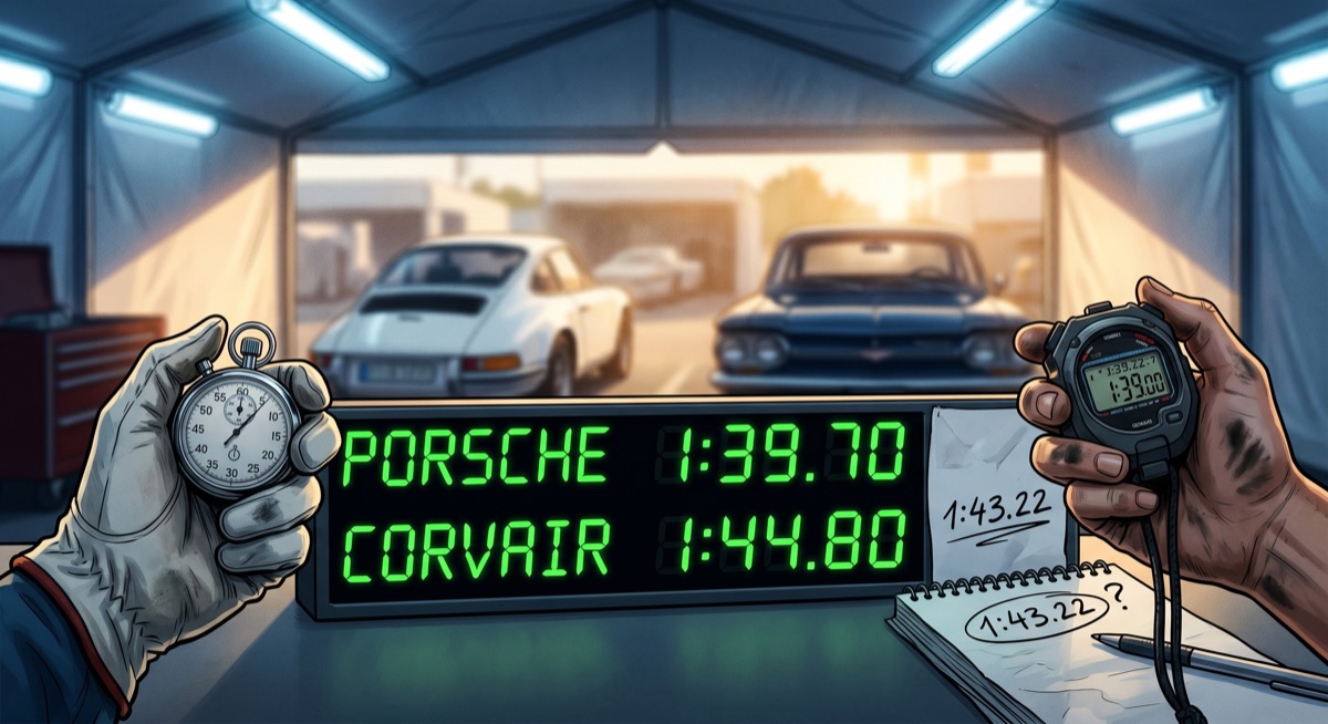 A timing board in a paddock tent: two lap times side by side, one a second and a half faster—the gap smaller than it looks, and the reason for it three thousand feet down the road in a shrunken piece of rubber