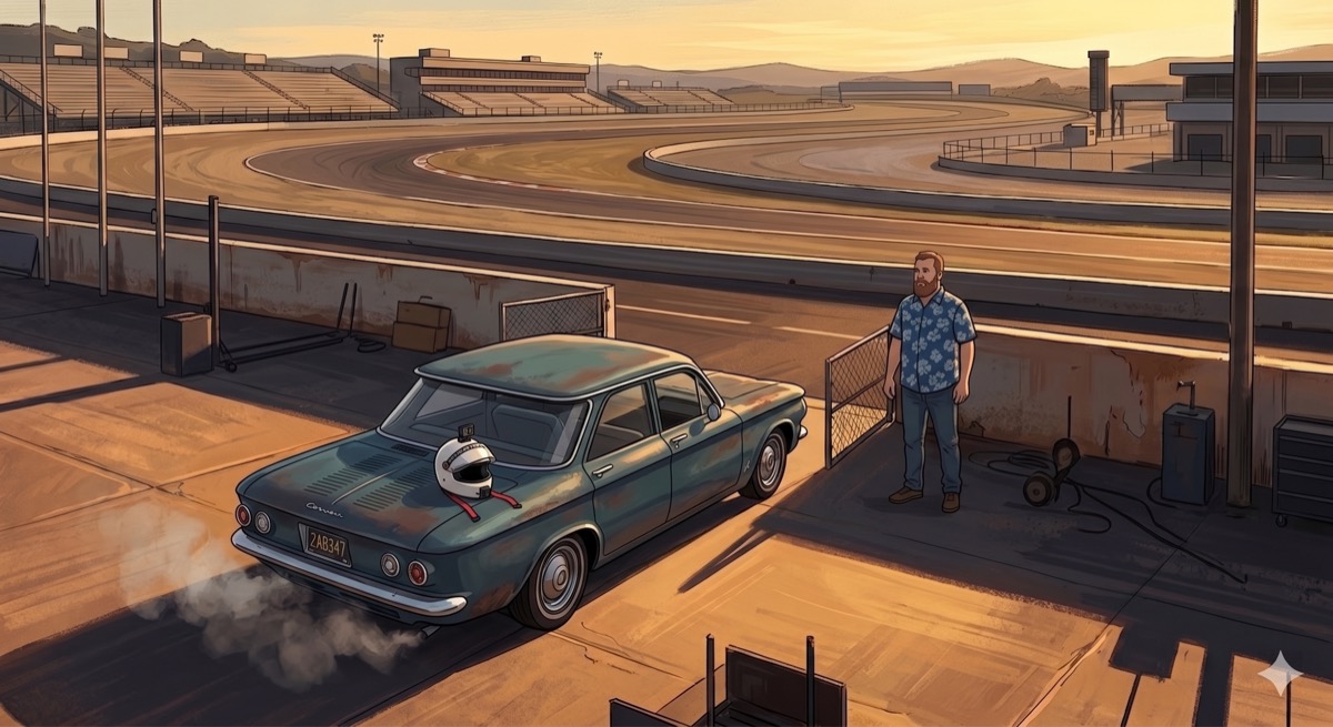 A 1965 Corvair on an empty racetrack, alone in the paddock, the pit lane behind it quiet and the circuit in front of it open—technically vindicated, running on no one's schedule but its own