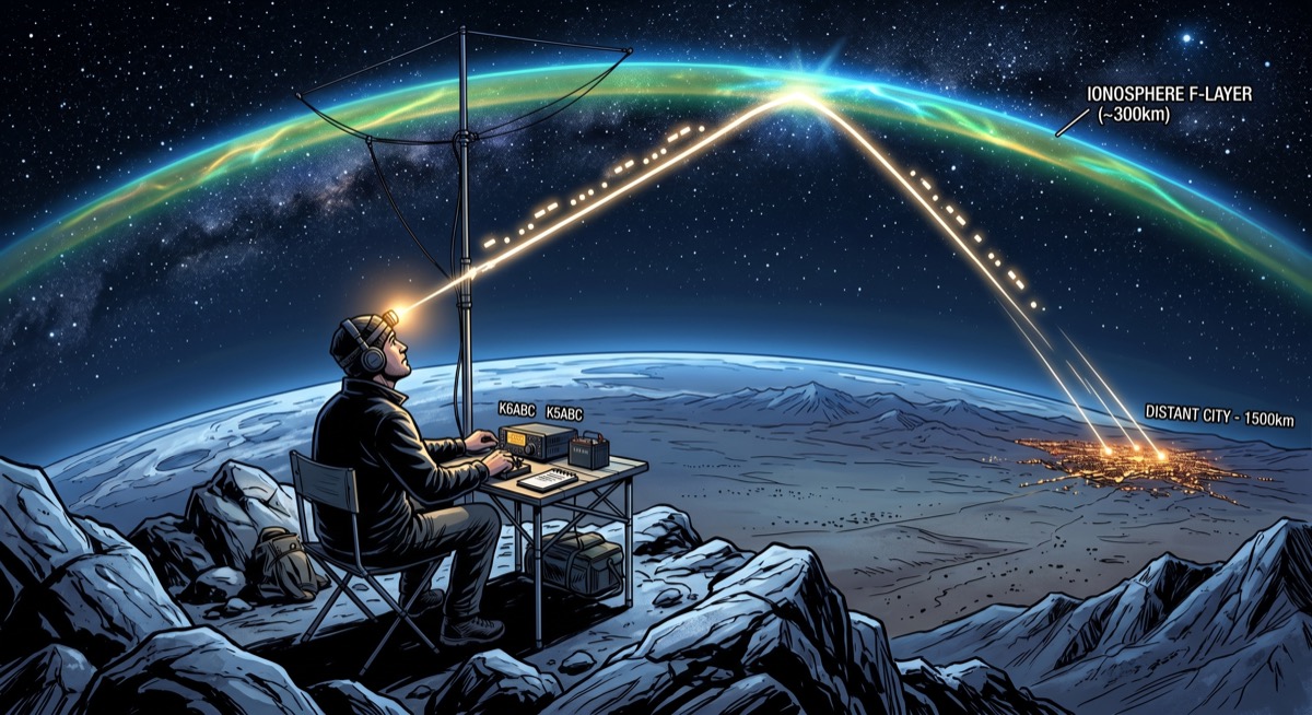 A man on a dark mountain peak, a portable antenna rigged to a mast behind him, his hand at the key, signal lines extending upward to an ionosphere drawn in comic-book cross-section and curving back toward a distant city on the horizon