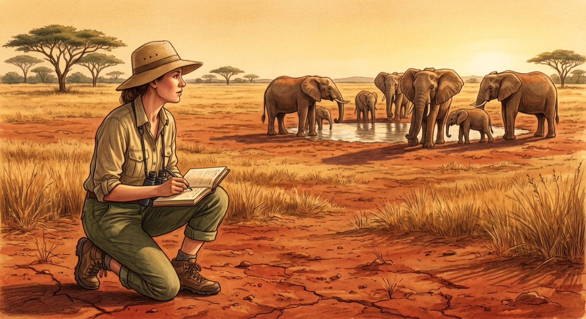 Lucy King kneeling in Kenyan dust, a notebook in her lap, a herd of elephants at the waterhole behind her—the distance between them exactly the right distance for listening