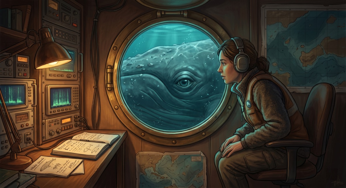 An oceanographer at a console, headphones on, looking through a porthole at a humpback whale that seems to be looking back—both of them in the middle of something neither quite knows how to finish
