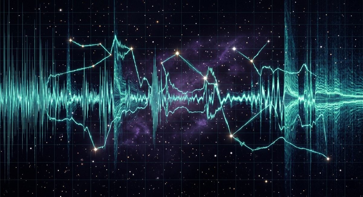 A spectrogram of whale song stretched across a star map, the peaks and valleys of sound aligned with the positions of distant stars—beautiful and completely unreadable