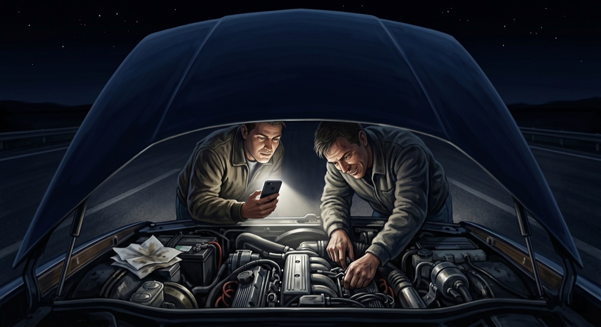 Two figures at an open hood on the shoulder, one holding a phone for light, one's hands deep in the engine bay—the interstate dark and empty in both directions, the job obviously nearly done