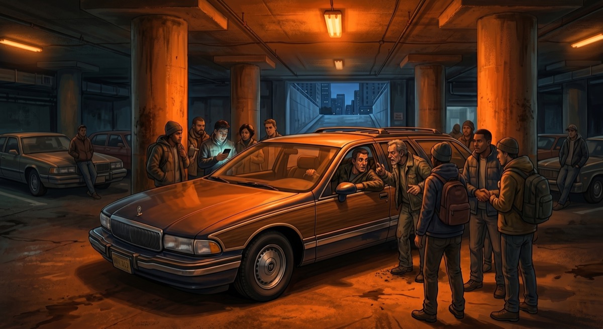 The Red Ball Garage at 2 a.m.—a scrum of people in the shadows, maps and energy drinks, the briefing breaking up, someone waving them toward the ramp