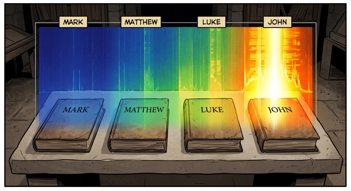 The four Gospels arranged chronologically on a waterfall display—miracle density rising from left to right, the later texts hotter on the scale, John burning bright at the top of the spectrum while the original Mark sits alone in cool blue at the far left