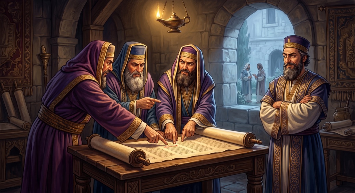 The Pharisees huddled over a scroll, three of them pointing at the same passage with mounting certainty while a fourth looks skeptical; through the window behind them, someone is having a completely different conversation than the one they think they're overhearing