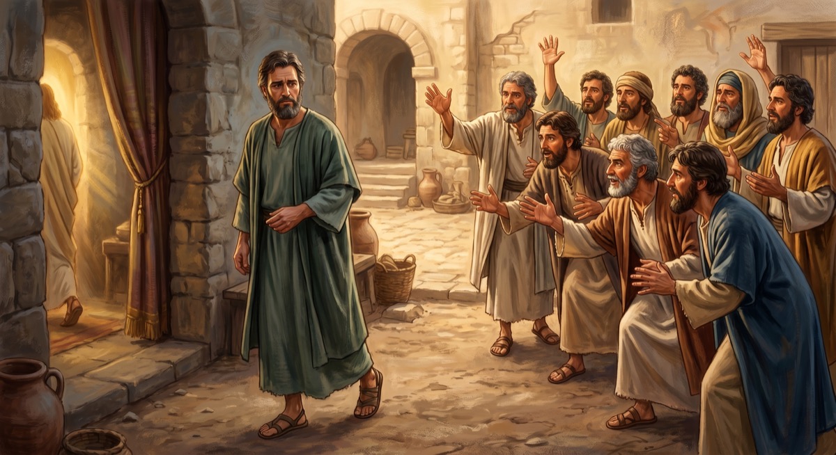 Thomas returning from his private meeting with Jesus—the other disciples leaning forward with questions he is manifestly not going to answer, which is a sentence Thomas would find both accurate and annoying
