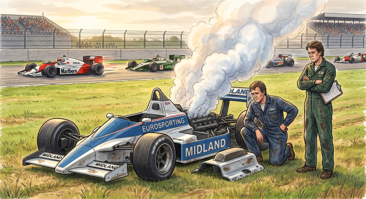 A pit lane that has accepted its situation—the smoke already gone, the mechanics already knowing what comes next