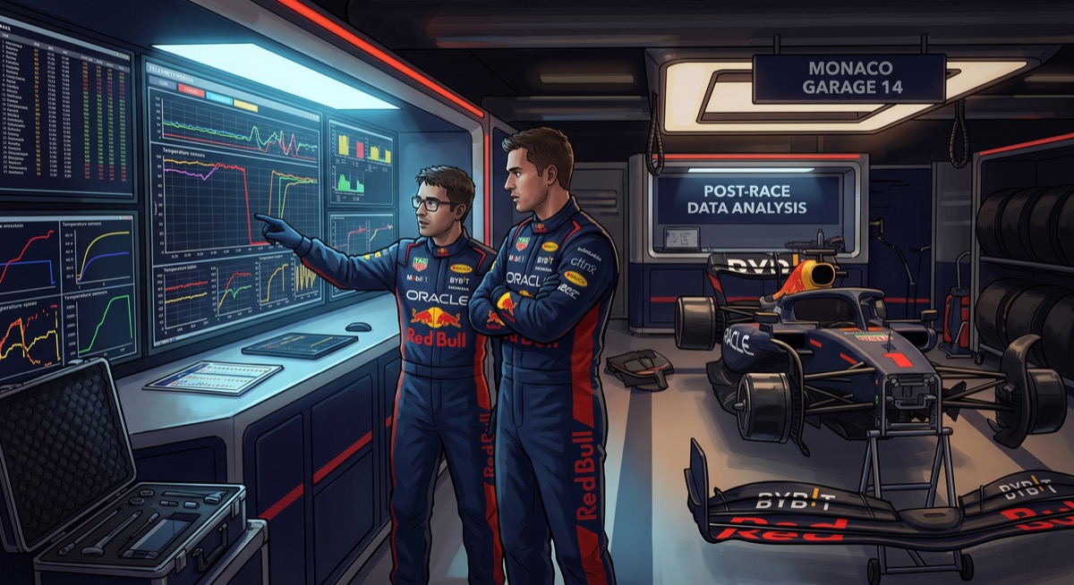 Two mechanics in a Monaco pit garage at the end of a long Sunday, reviewing a data screen with opinions about everything that just happened