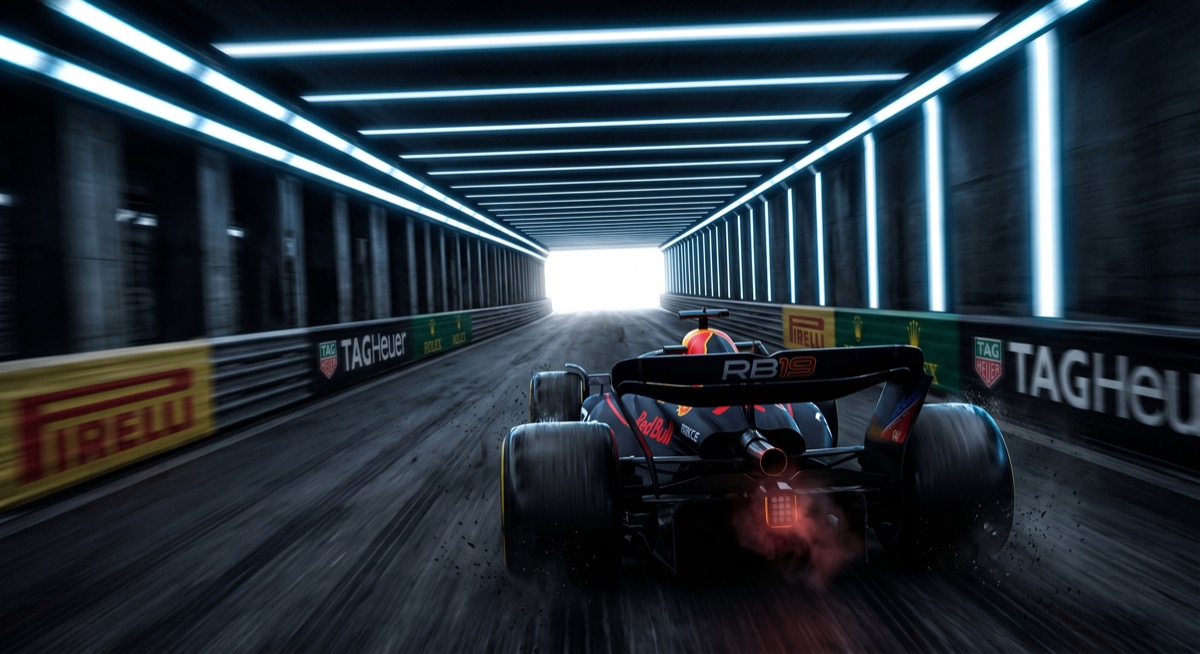 The Monaco tunnel, lit blue-white in the afternoon, the barriers about twelve inches from where you need to be