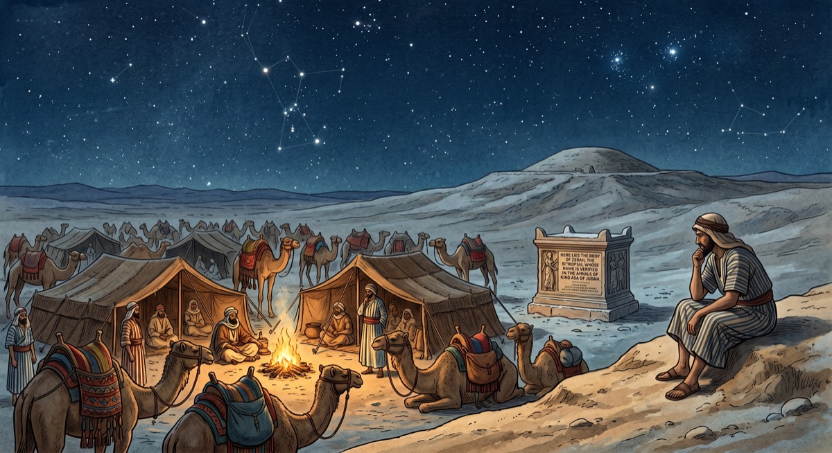 A desert caravan camped at night, a burial mound visible at the ridge, the stars above forming patterns that mean different things on different maps—the scene is ambiguous about whether it's 600 BCE or a film set or something else entirely