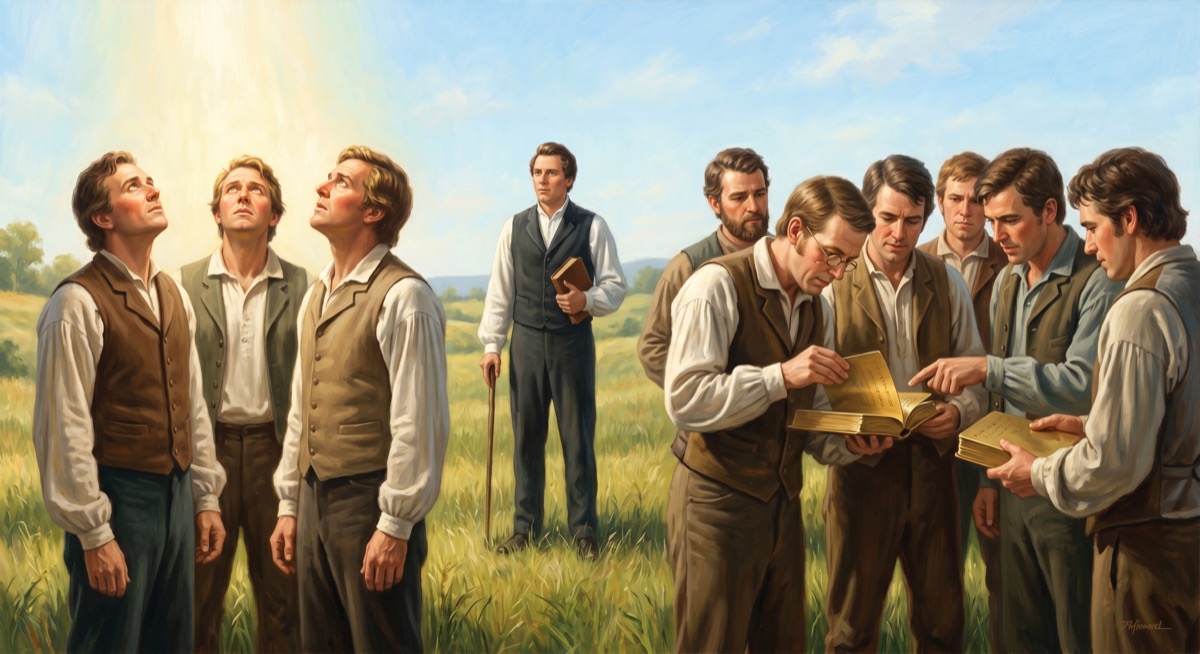 Eleven men gathered in an open field, three of them looking skyward where a light too specific to be the sun is doing something—the other eight passing around metal plates and examining the edges with the attentive focus of people confirming something specific, not performing wonder
