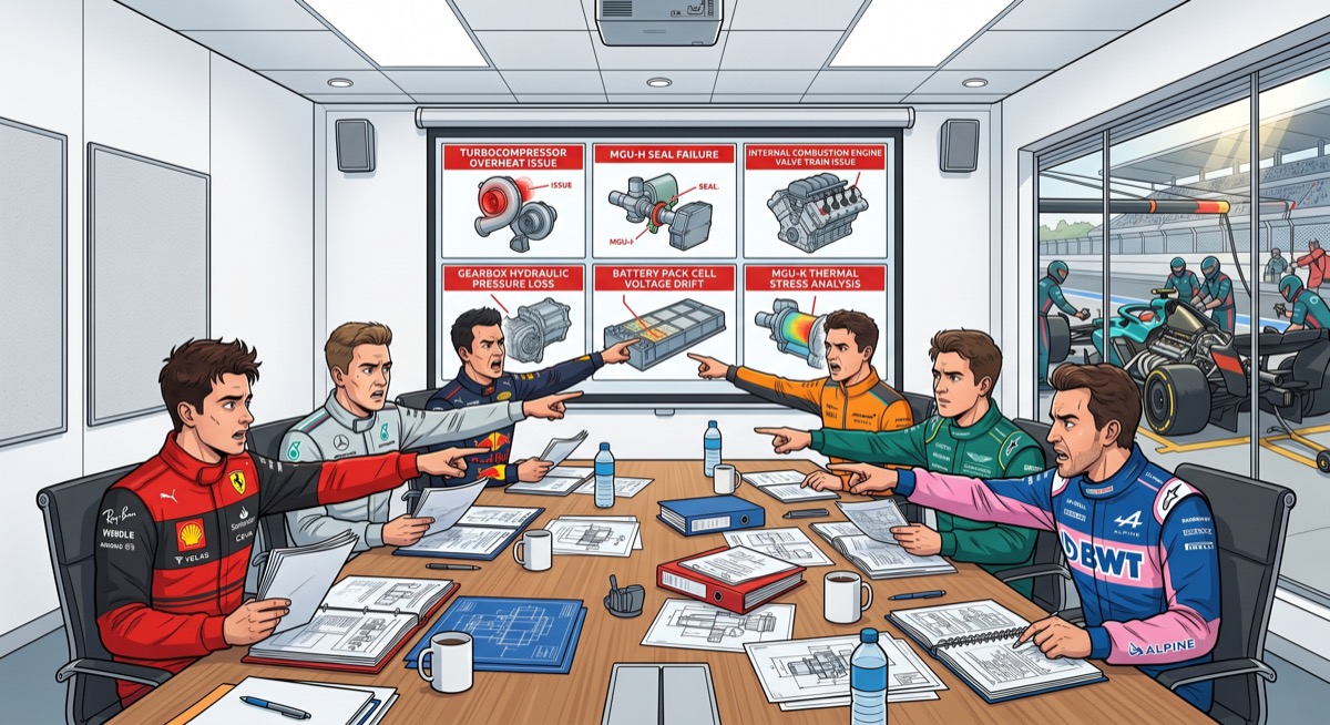 Six engineers around a conference table, each holding a different document, each pointing at a different projected failure mode on the screen—and the screen showing all six failure modes simultaneously, in red.