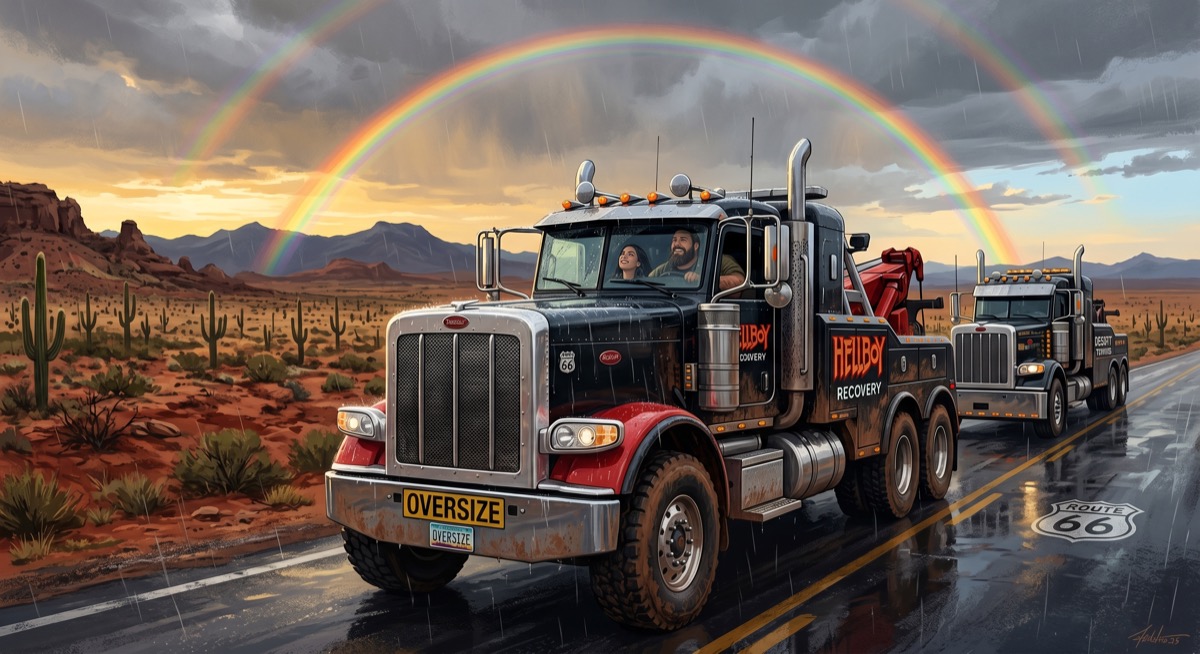 Two wreckers on a desert highway, the job behind them, a double rainbow arching over the road through the rain—the operators of a very large vehicles looking at the sky with the specific expression of people who have earned this but do not intend to make a big thing of it.