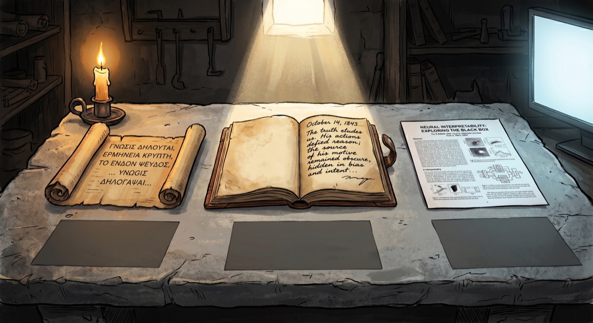 Three ancient documents on a stone table, each one lit differently—the first by candlelight, the second by a desert sun, the third by the cold white light of a server room. All three casting the same shadow.