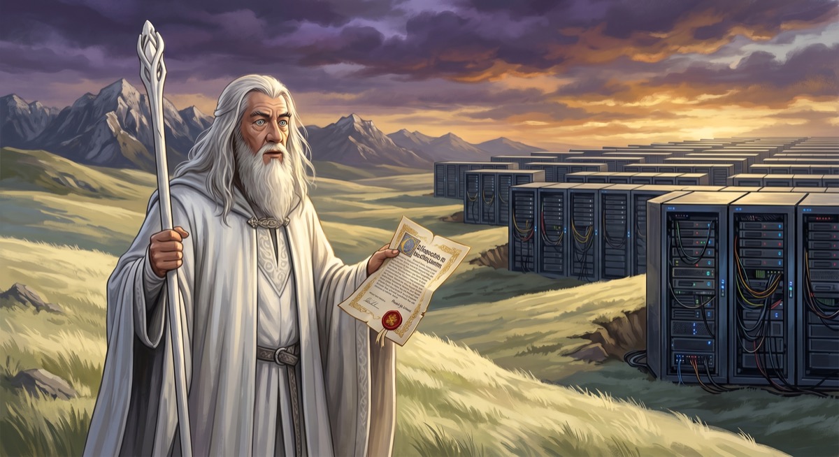 Gandalf on the plains of Rohan, speaking to a small diminished company—but the plains behind him have server racks instead of grass, and the document in his hand has a Vatican seal.