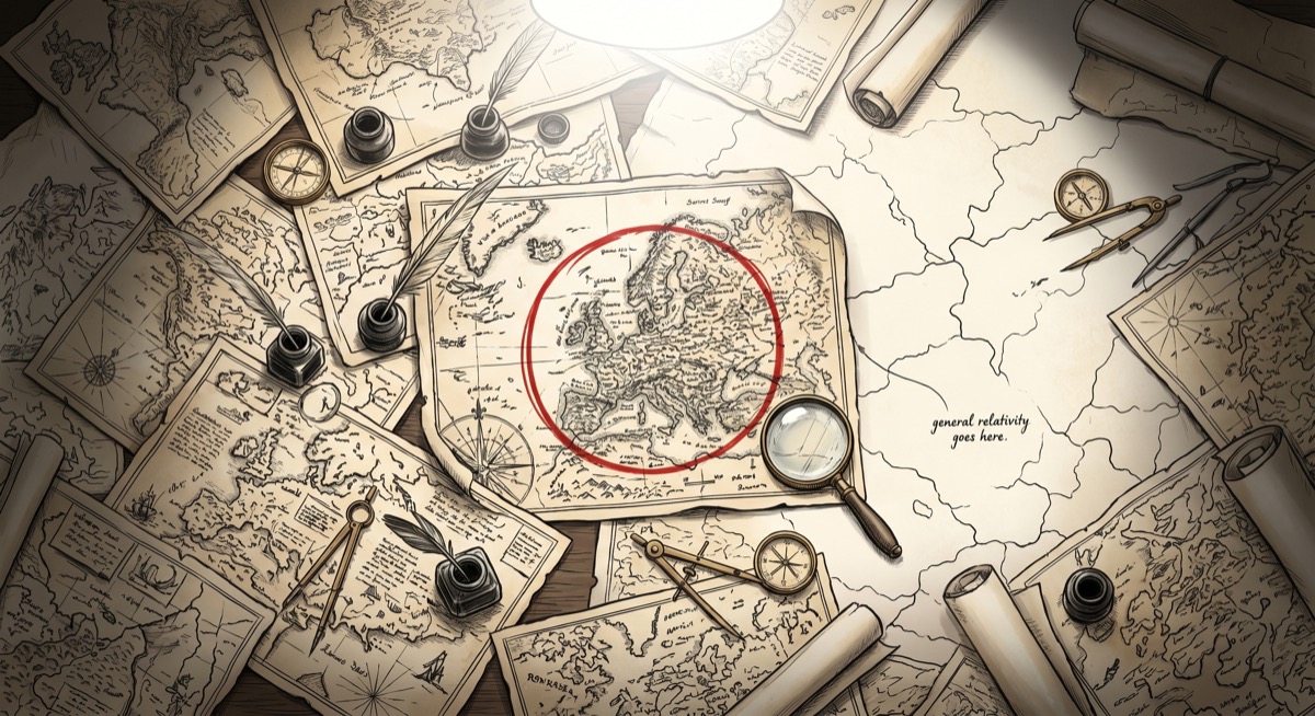 A cartographer's table covered in overlapping maps, one region circled in red—the edge of the known territory, beyond which the paper is blank and someone has written "general relativity goes here" in the margin