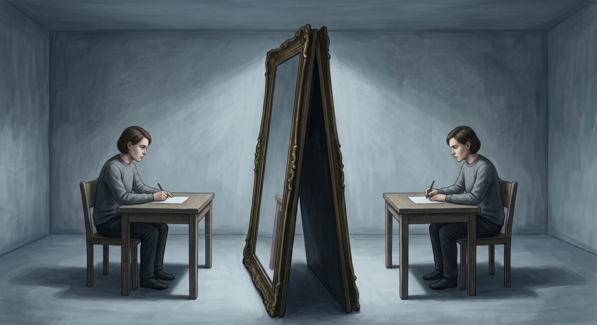 A mirror in a comic panel: on one side, a figure writing an honest essay; in the reflection, the same figure writing what appears to be an honest essay—and no instrument in the panel to tell which side is real