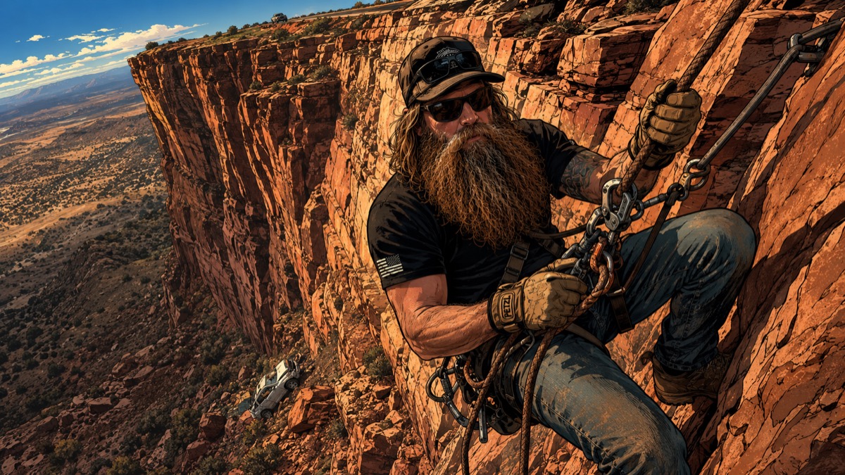 Rick mid-rappel on the cliff face, one hand on the rope and one on the rigging, the exposure of the drop visible, the job visibly not finished