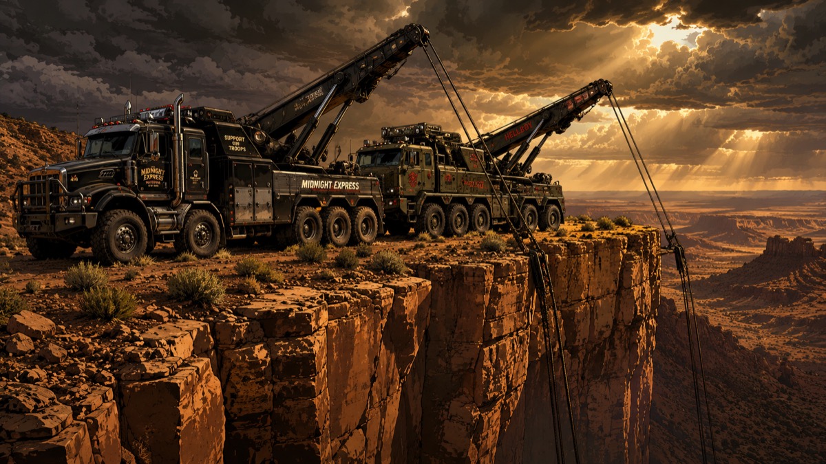 Four winch lines in taut parallel over the cliff edge, the two wreckers nose-to-nose with booms extended, the Sequoia a distant speck on the rock face below