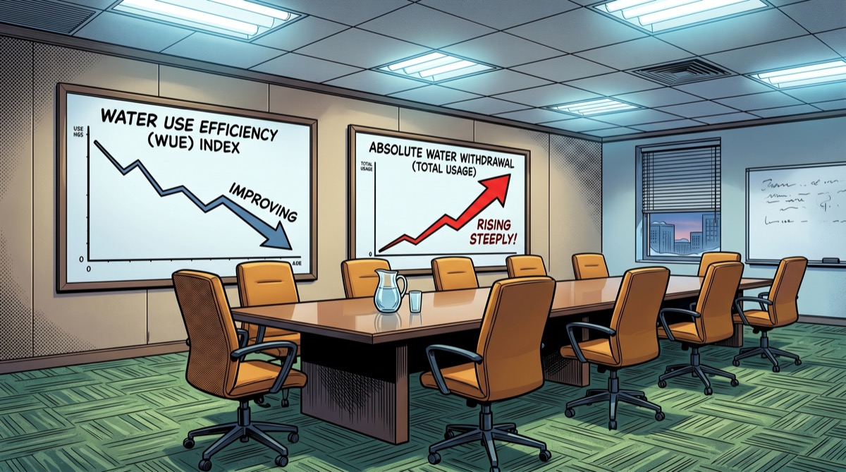 An efficiency graph and an absolute consumption graph pointed in opposite directions, displayed side-by-side in a corporate boardroom where no one is currently sitting