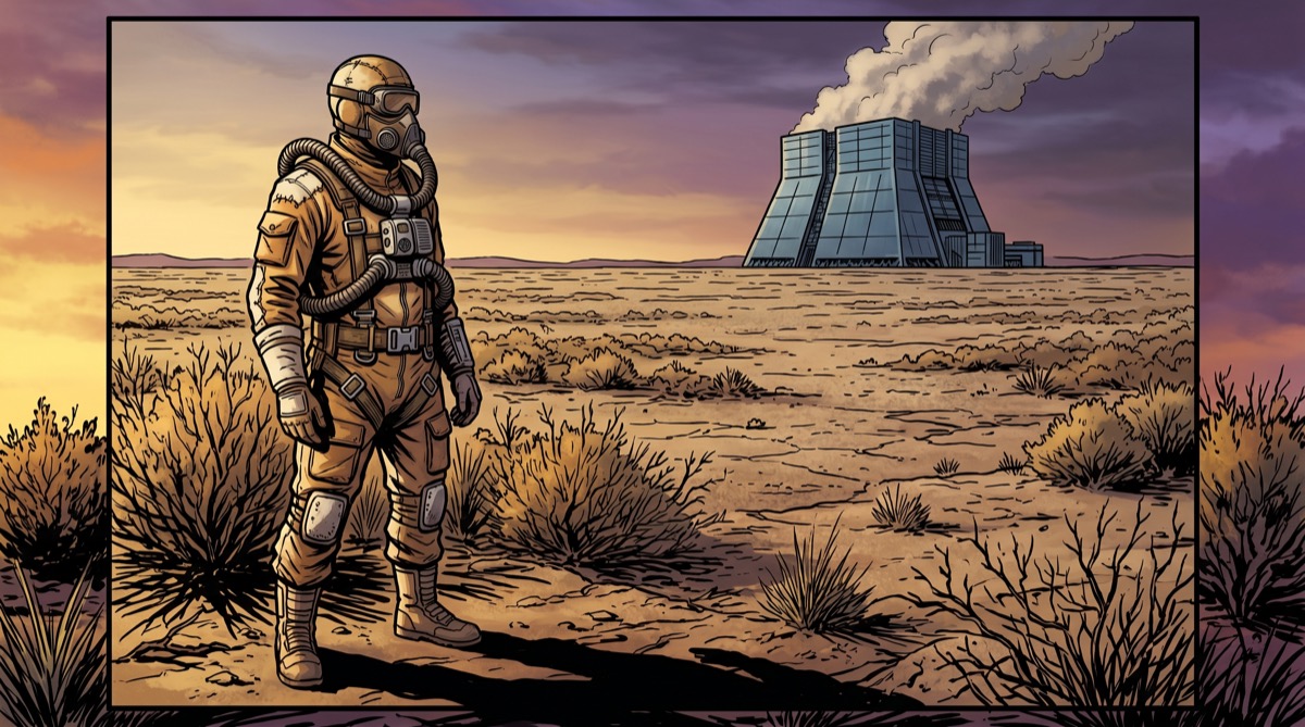 A figure in a makeshift stillsuit watching a data center cooling tower from across the Memphis scrubland, with the patient assessment of someone who has learned not to waste a drop