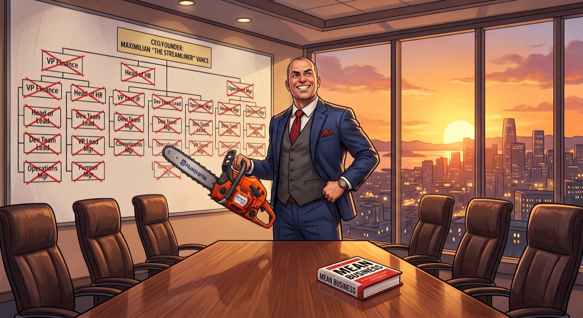 Chainsaw Al in a boardroom dressed for a Forbes cover shoot, surrounded by the org chart he is about to dramatically simplify