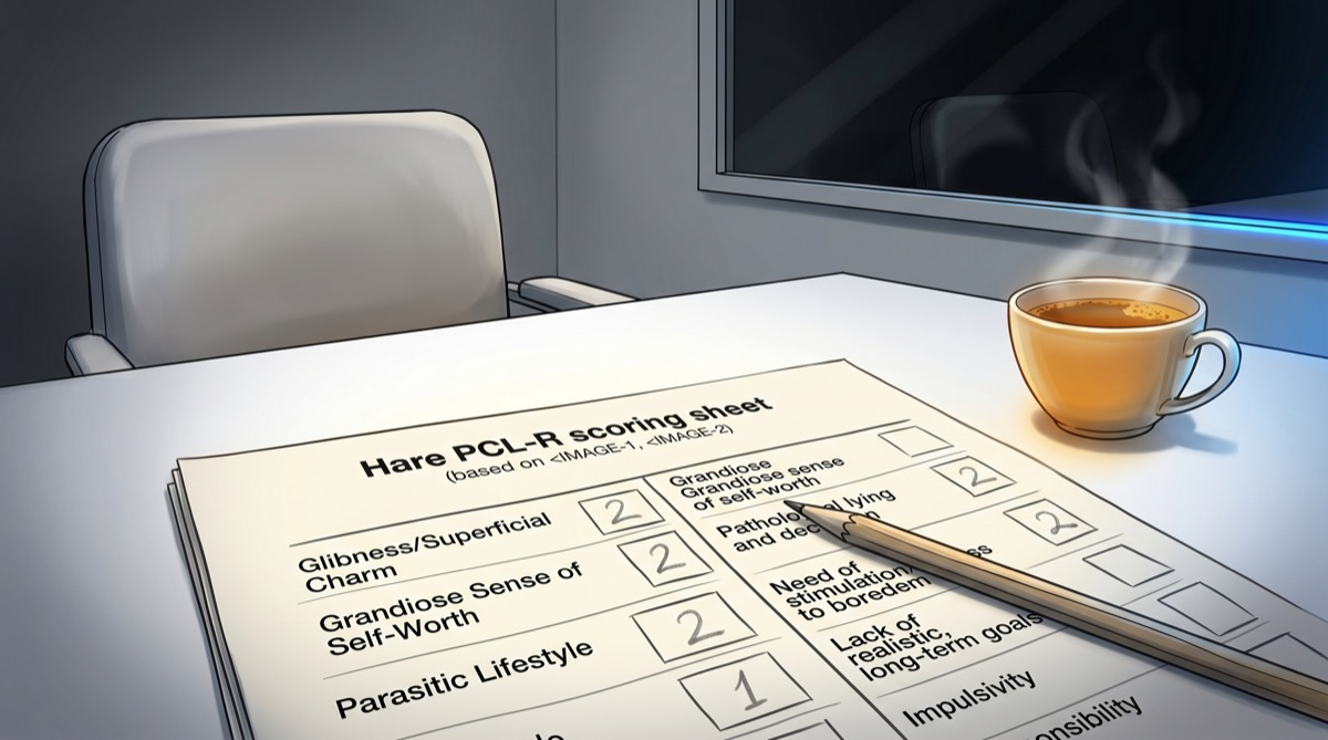 A scoring sheet half-filled, a pencil resting across it, the chair on the other side of the interview table empty—the examiner has apparently stepped out to reconsider the question