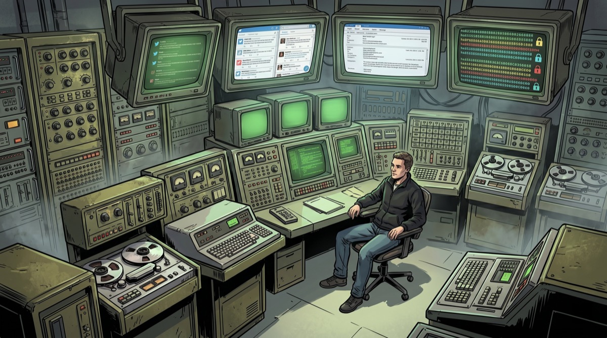 An abandoned control room from another decade, screens still running—the Cold War infrastructure monitoring a post-Cold War internet, the hardware original, the target changed